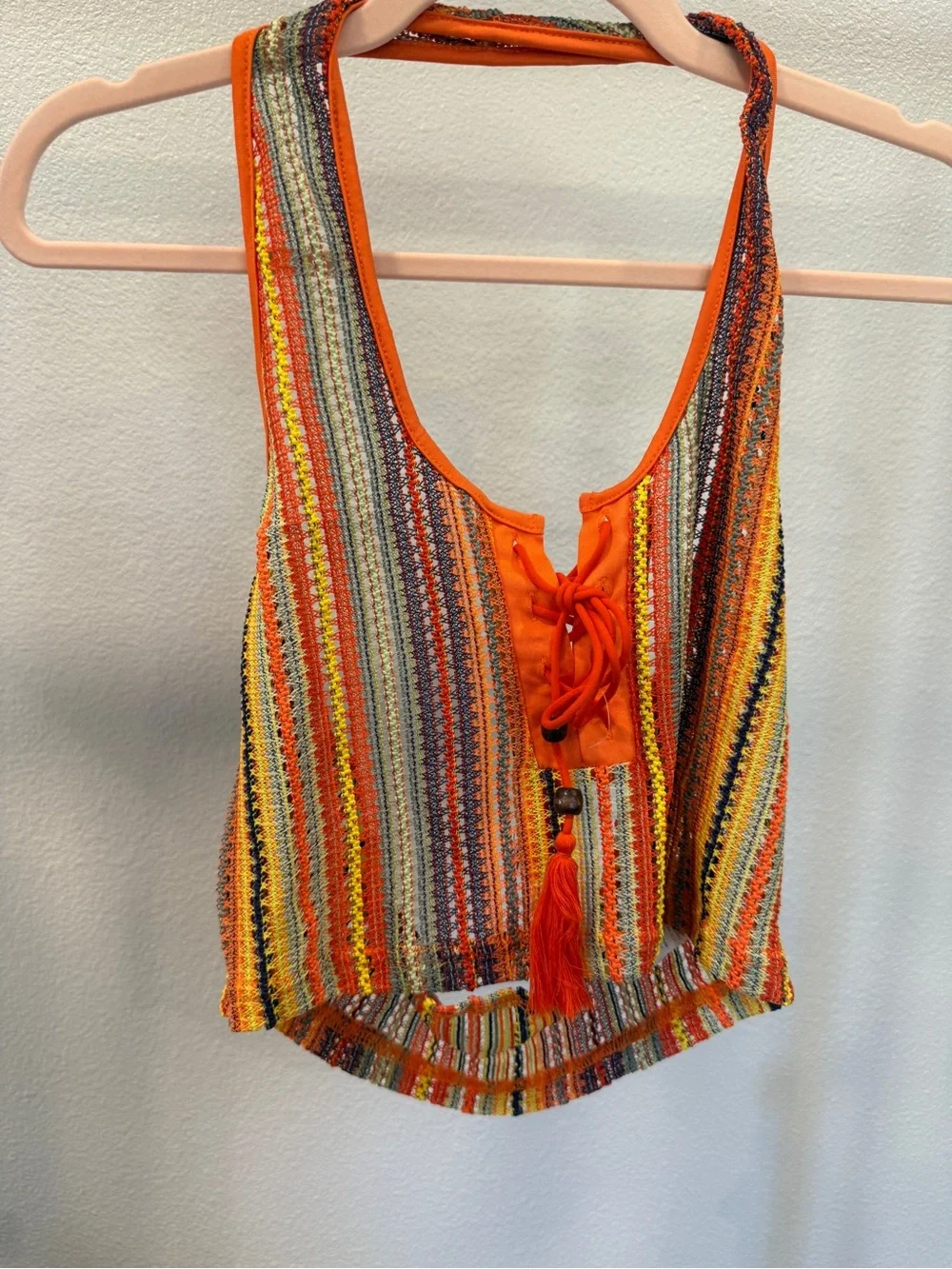 SHEIN Orange Multi-Stripe Crochet Lace-Up Halter Camisole Tie front with beads L - Picture 5 of 11